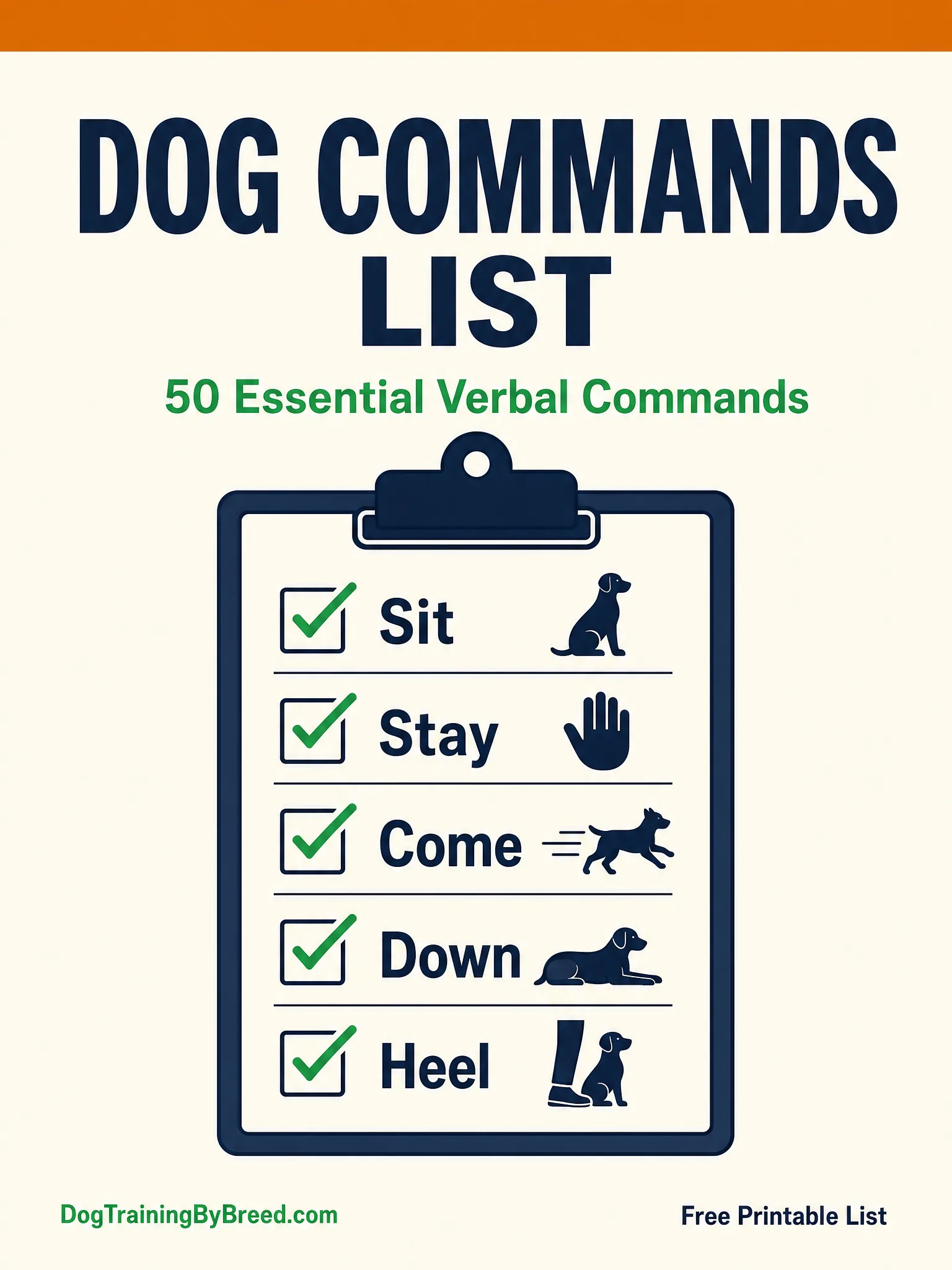 50 Essential Dog Commands List PDF (Free Printable) cover preview
